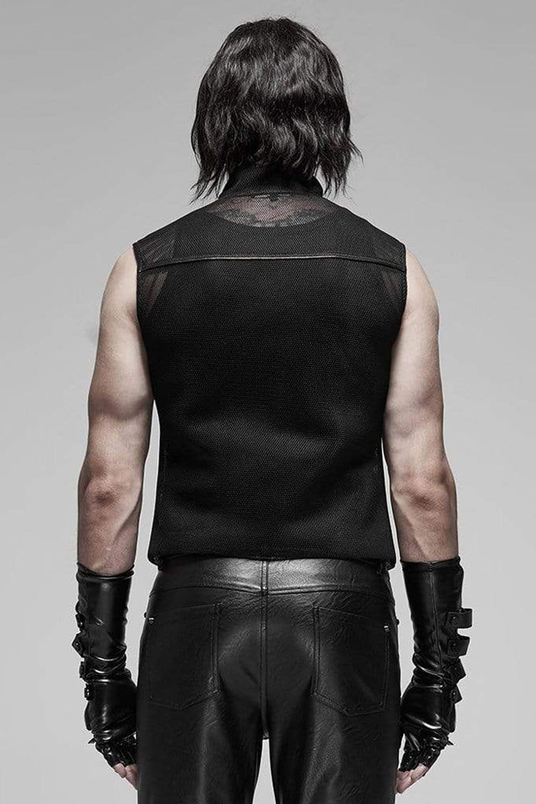 Black Punk Rough No Elasticity Woven Mesh Metal Buckle Belts Decoration Perspective Sleeveless Metal Zipper Men's Vest - Product - 3