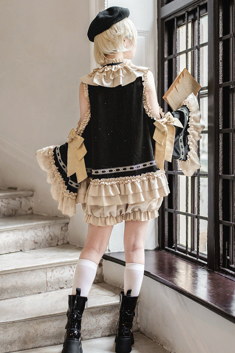 Black/Gold [Saint Child of the Cross] Round Collar Off Shoulder Long Trumpet Sleeves Ruffled Bow Gothic College Style Ouji Lolita Set - Product - 12