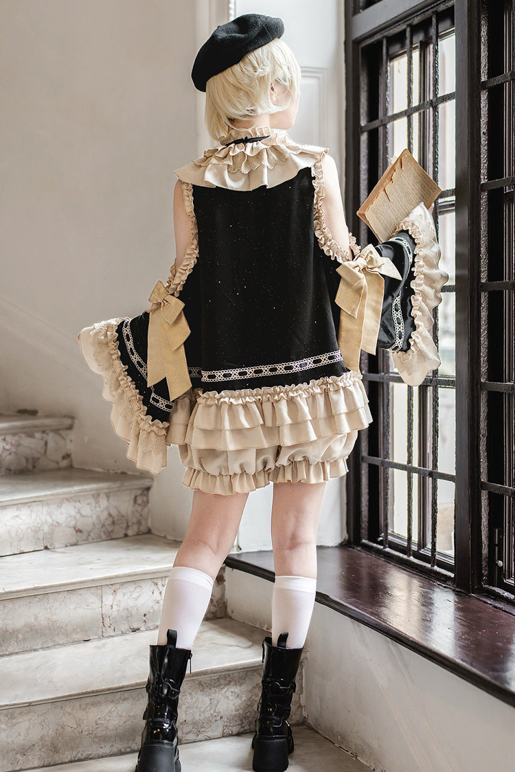 Black/Gold [Saint Child of the Cross] Round Collar Off Shoulder Long Trumpet Sleeves Ruffled Bow Gothic College Style Ouji Lolita Set - Product - 12