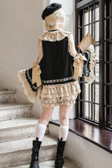 Black/Gold [Saint Child of the Cross] Round Collar Off Shoulder Long Trumpet Sleeves Ruffled Bow Gothic College Style Ouji Lolita Set - Product - 12