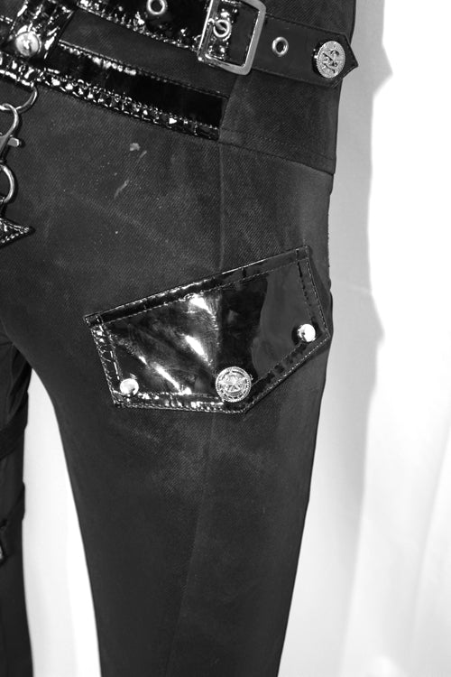 Black Punk Leather Loops Asymmetric Knitted Stretch Womens Pants - Product - 8