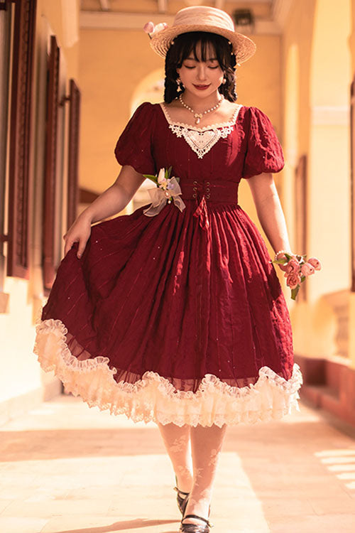 Wine Elegant Vintage Square Collar Short Sleeves Multi-Layer Ruffled Classic Lolita OP Dress - Product - 5