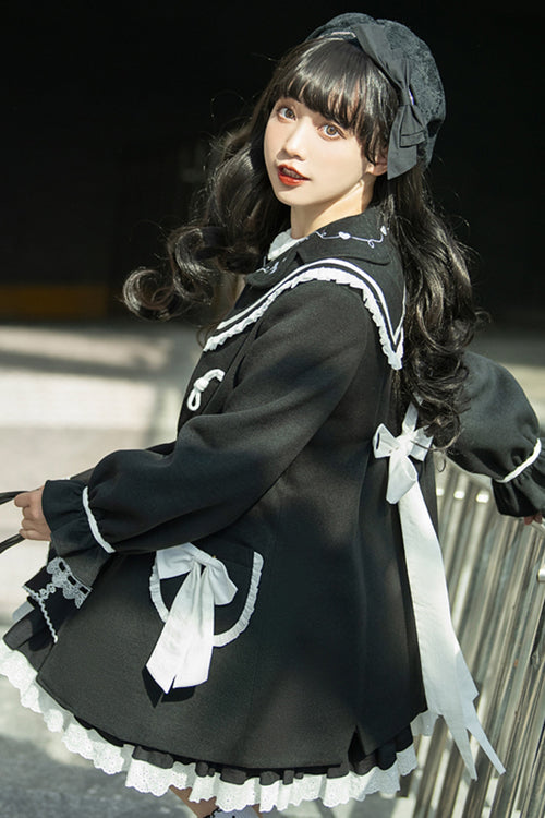 Black Horn Button Suit Collar Lantern Sleeves Back Bow Sweet Lolita Coat - Product - 6