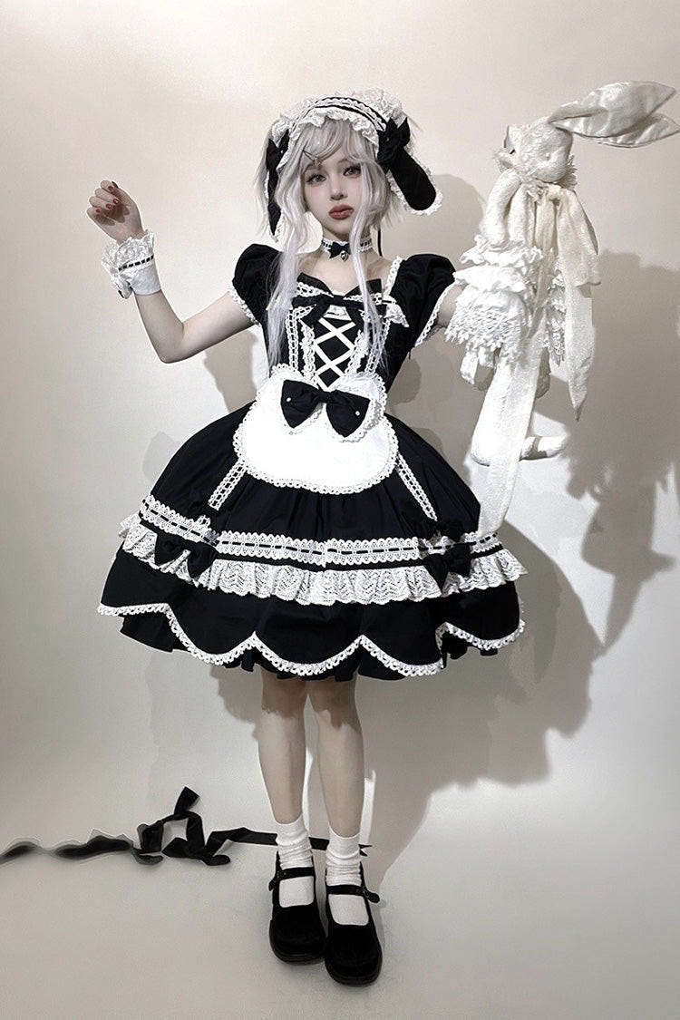 Black [Petal Bunny] Cotton Square Collar Short Sleeves Double-Layered Ruffled Bow Lace Lace-Up Sweet Lolita Dress - Black - 1