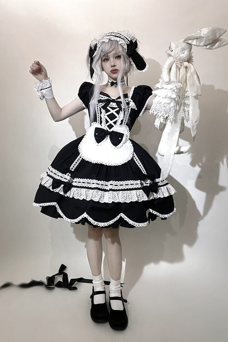 Black [Petal Bunny] Cotton Square Collar Short Sleeves Double-Layered Ruffled Bow Lace Lace-Up Sweet Lolita Dress - Black - 1