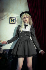 Black/White Striped Ruffled Lace Stand Collar Bow Long Sleeves Lace-Up Women's Gothic Lolita Graduation Dress - Product - 19