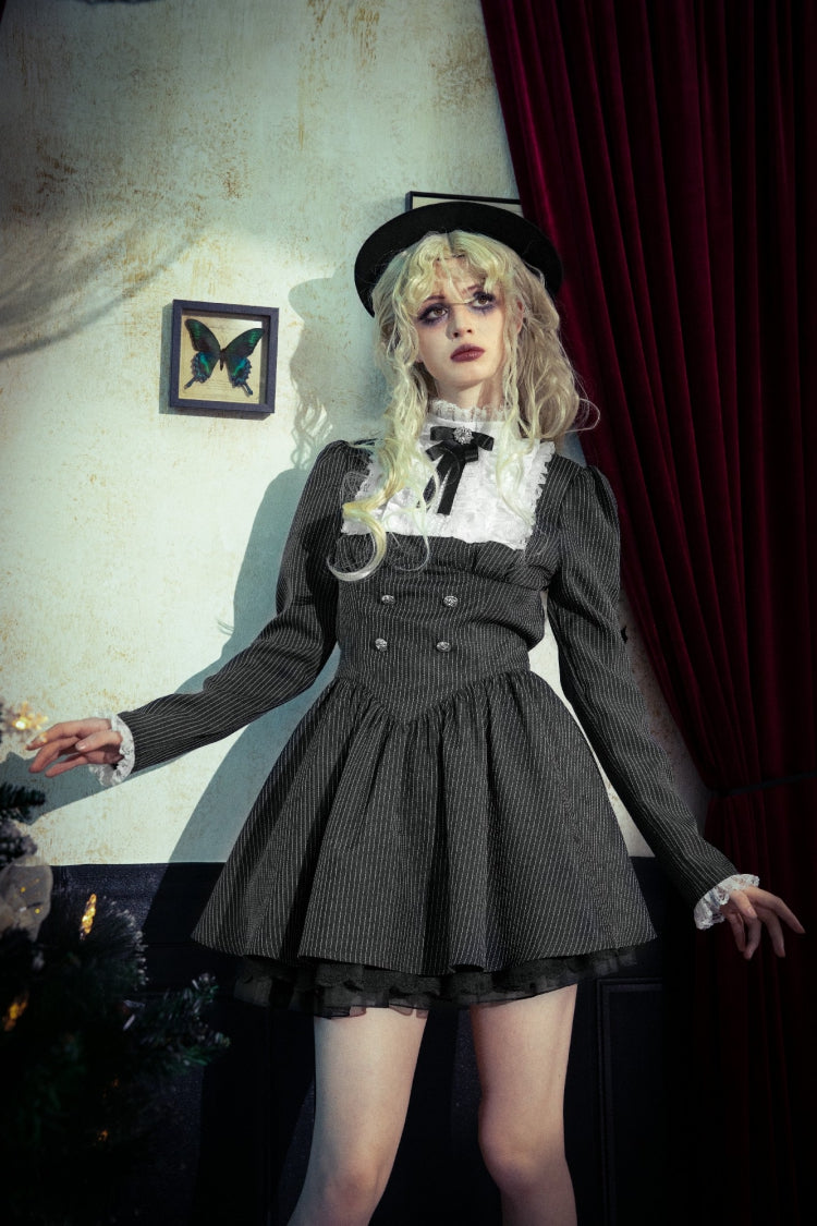 Black/White Striped Ruffled Lace Stand Collar Bow Long Sleeves Lace-Up Women's Gothic Lolita Graduation Dress - Product - 19