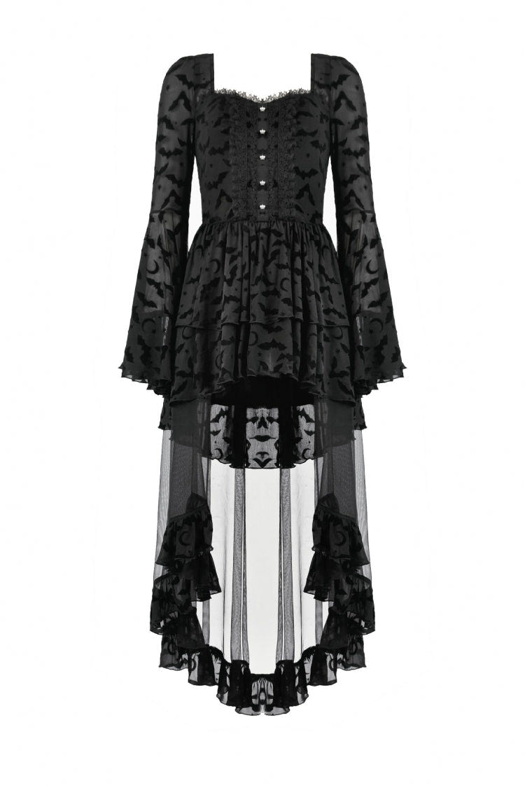 Black Square Collar Long Trumpet Sleeves Bat Printed Lace Irregular Hem Women's Gothic Dress - Product - 3
