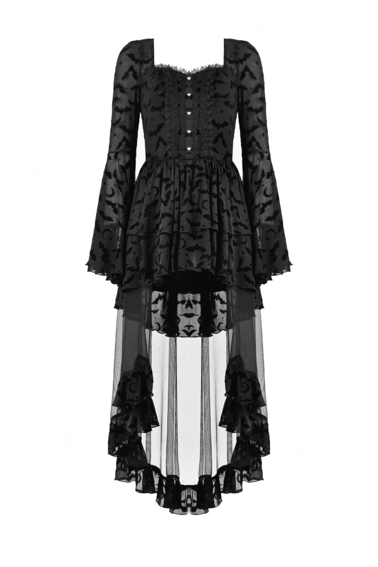 Black Square Collar Long Trumpet Sleeves Bat Printed Lace Irregular Hem Women's Gothic Dress - Product - 3