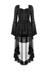Black Square Collar Long Trumpet Sleeves Bat Printed Lace Irregular Hem Women's Gothic Dress - Product - 3