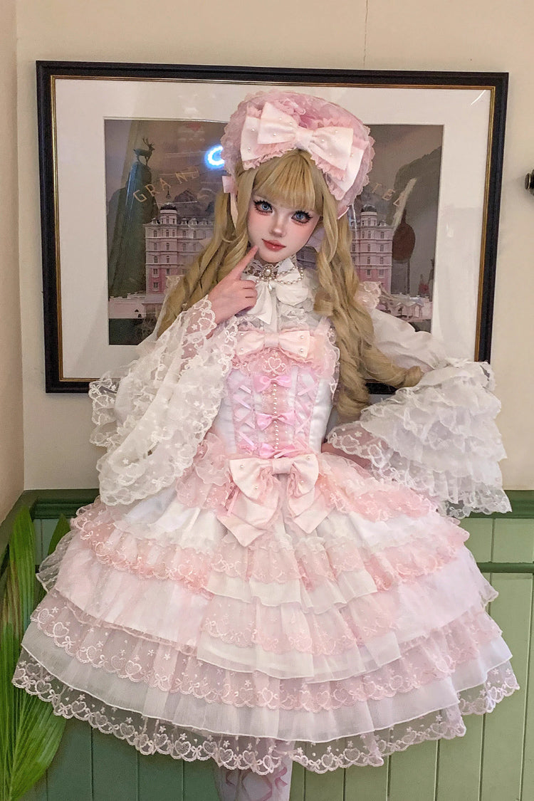 Pink/White [Love Overture] Multi-Layered Ruffle Bowknot Lace Sweet Lolita Jsk Dress - Pink/White - 1