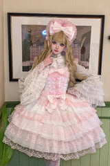 Pink/White [Love Overture] Multi-Layered Ruffle Bowknot Lace Sweet Lolita Jsk Dress - Pink/White - 1