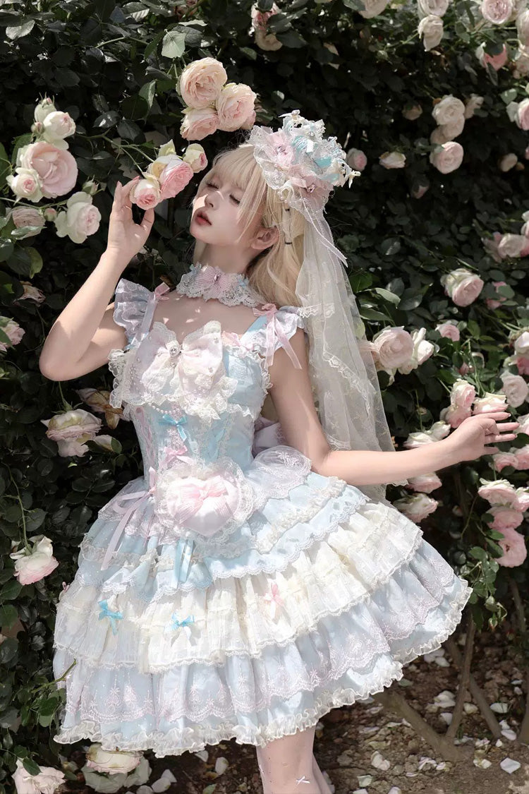 Bkue/Pink [Cloudwhale Dreamweaver] Square Collar Multi-Layered Ruffled Bow Lace Sweet Lolita Jsk Dress - Product - 8
