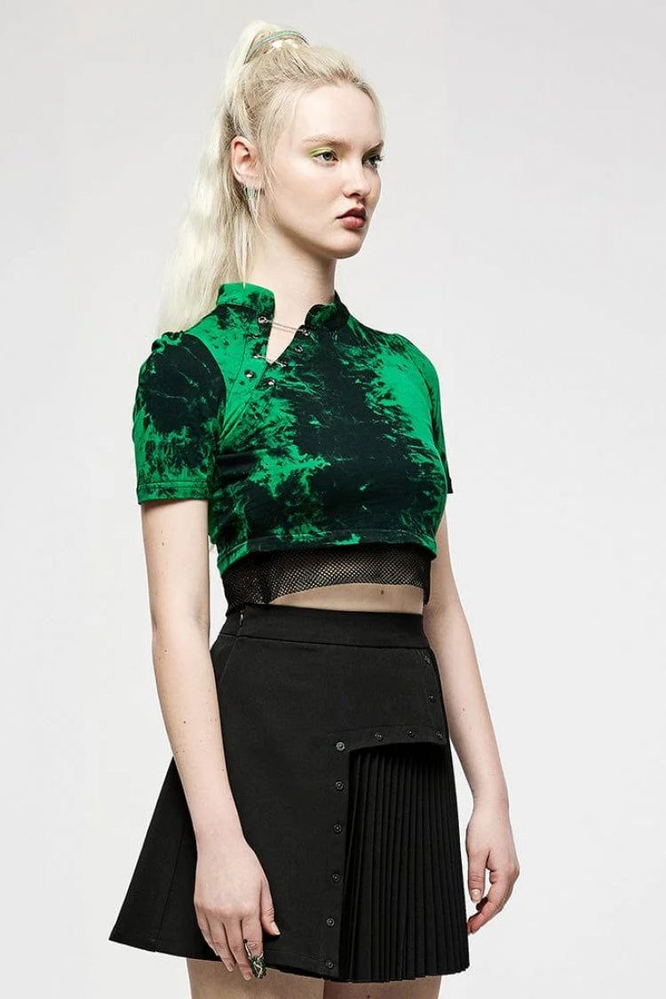 Green Short Sleeves Tie-dyed Metal Chain Women's Steampunk Short T-Shirt - Product - 2