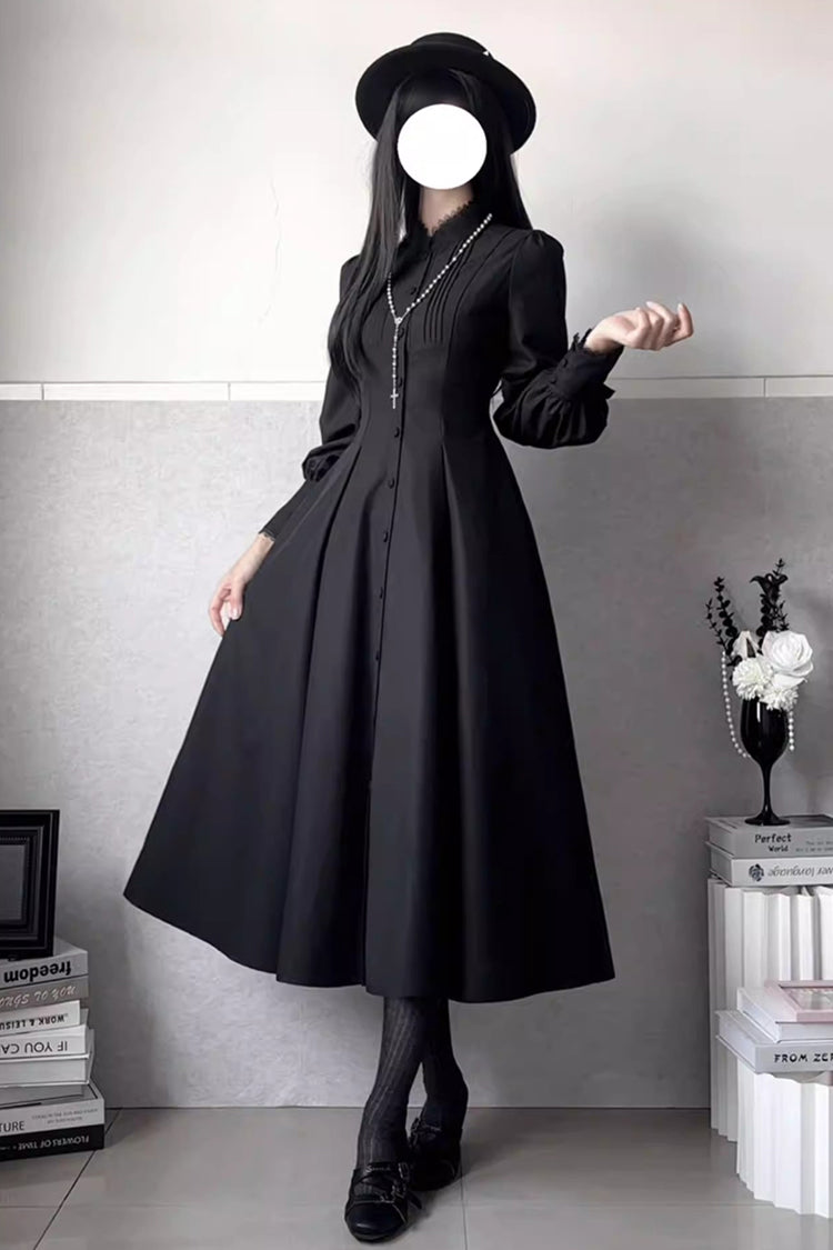 Black [Astrea] Long Puff Sleeves Slim Gothic Elegant Lolita Dress - Product - 9