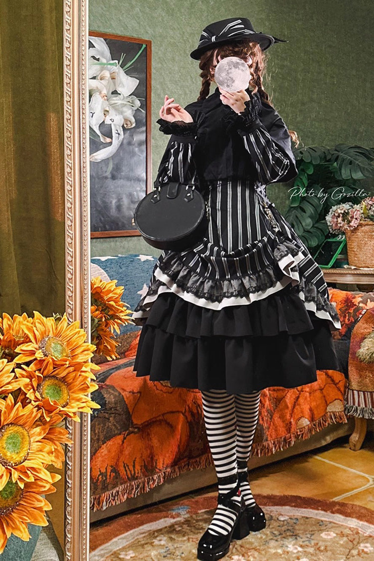 Black Stand Collar Long Sleeves Multi-layer Striped Print Ruffle Gothic Lolita Dress - Black - 1