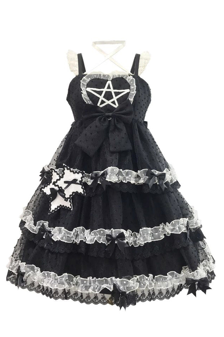 Black [Du Meisha's Star Wish] Sleeveless Triple-Layered Jacquard Ruffle Bowknot Sweet Gothic Lolita Jsk Dress - Product - 8
