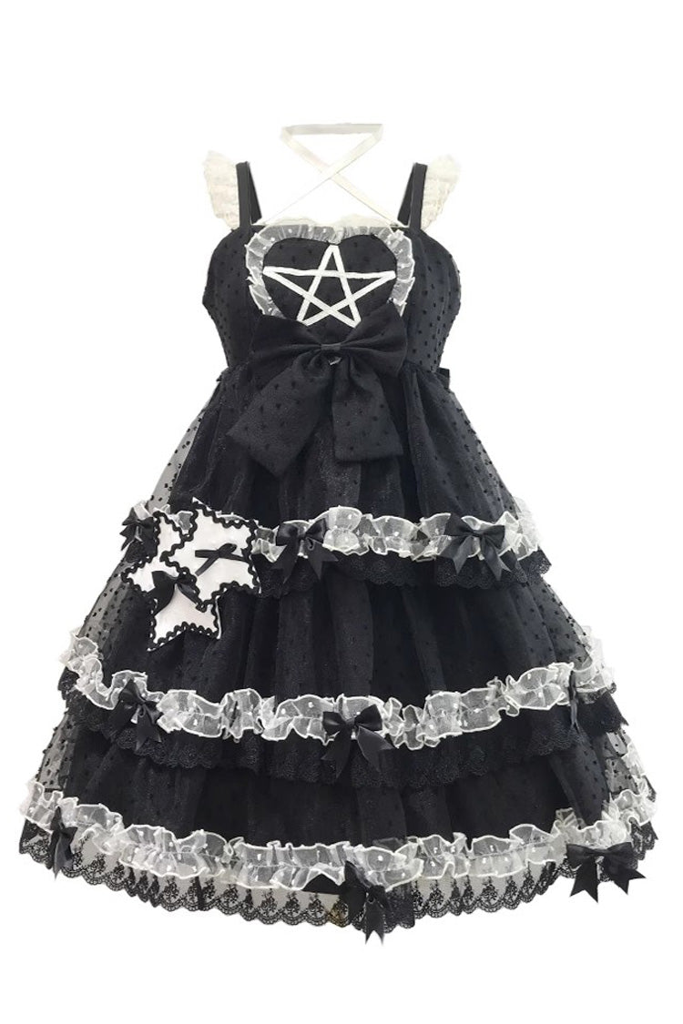 Black [Du Meisha's Star Wish] Sleeveless Triple-Layered Jacquard Ruffle Bowknot Sweet Gothic Lolita Jsk Dress - Product - 8