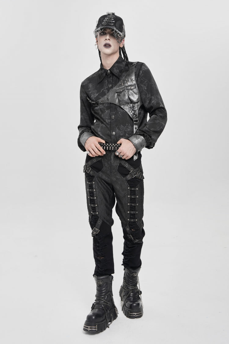 Black Long Sleeves Print Stitching Asymmetric Bullet Men's Punk Blouse - Product - 6