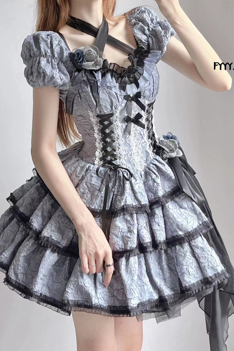 Black/Blue Medea Kiss Short Sleeves Gothic Lolita Op Tiered Dress - Product - 4
