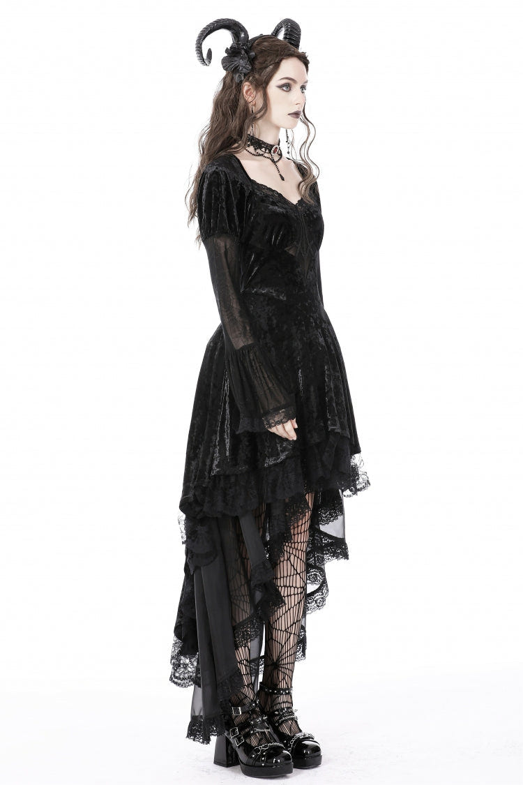 Black Long Puff Sleeves High Low Irregular Multi-Layered Lace Women's Gothic Velvet Dress - Product - 11
