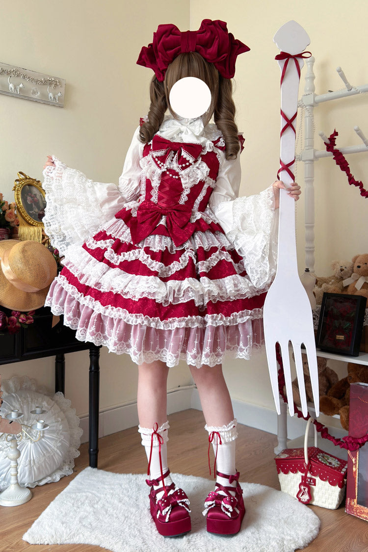Wine Red [Love and Heart Flutter] Sleeveless Multi-Layered Ruffle Bowknot Lace Pearl Sweet Lolita Jsk Dress - Product - 3