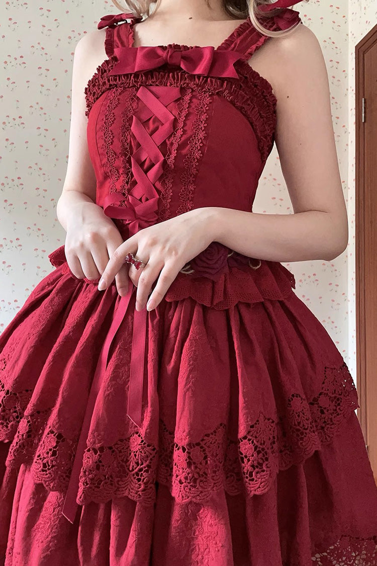 Wine Red [Forest Waltz] Embroidery Bowknot Lace-Up Slim Sweet Elegant Lolita Suspender Top - Product - 3