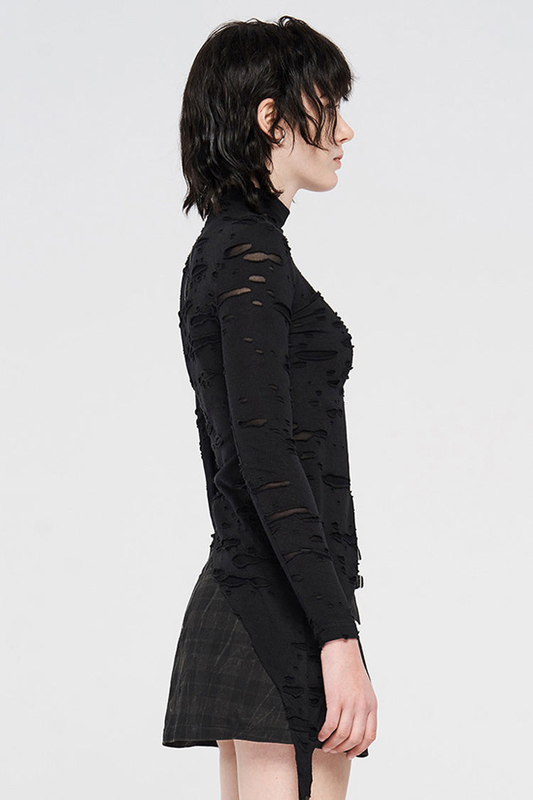 Black Long Sleeve High Collar Front Chest Hollow Out Strap Irregular Hem Broken Holes Splice Mesh Women's Punk T-Shirt - Product - 2