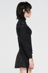 Black Long Sleeve High Collar Front Chest Hollow Out Strap Irregular Hem Broken Holes Splice Mesh Women's Punk T-Shirt - Product - 2