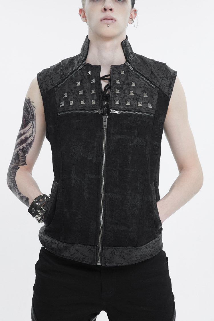 Black Chest Metal Willow Studded Sleeveless Men's Punk Vest - Black - 1