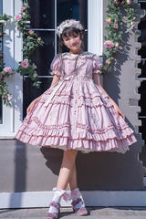 Pink Doll Collar Short Sleeves Iris Poem Print Ruffle Embroidery Sweet Lolita Dress - Product - 3