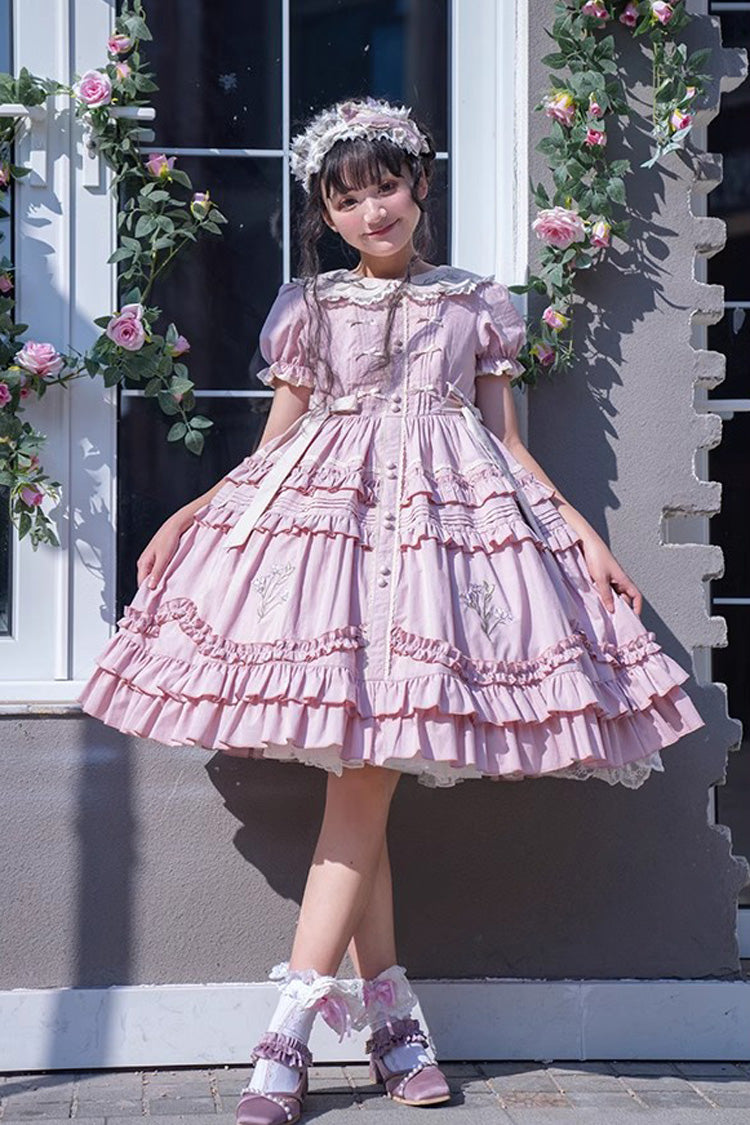 Pink Doll Collar Short Sleeves Iris Poem Print Ruffle Embroidery Sweet Lolita Dress - Product - 3