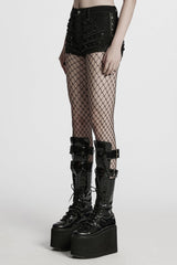 Black Stitching Mesh Distressed Women's Punk Shorts - Product - 2