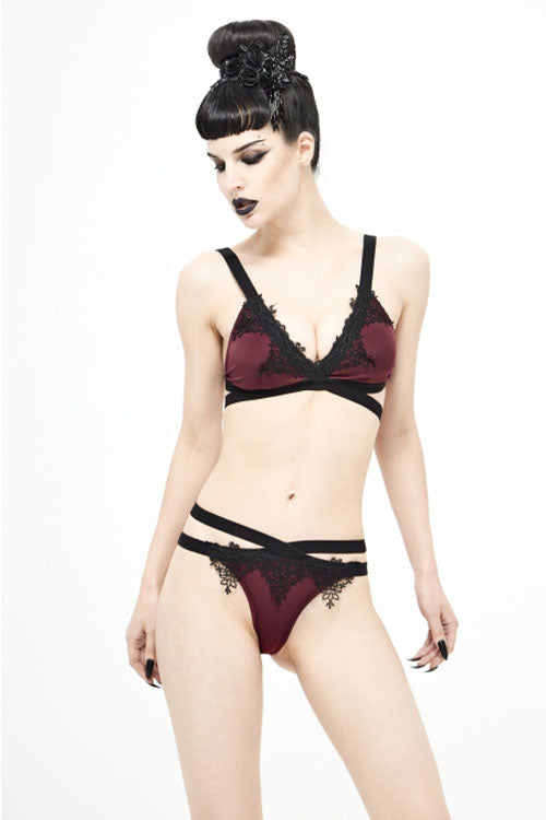 Black Red Lace Cross Strap Burgundy Gothic Swimsuit Set - Product - 6