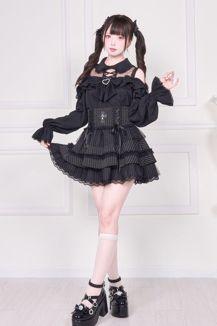 地雷系 オフショルダー 長袖 プリント リボン レースアップ スウィート 和風 ブラウス 3色 商品画像