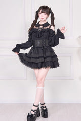 Jirai Kei Off Shoulder Long Sleeves Print Bowknot Lace-Up Sweet Japanese Blouse 3 Colors - Product - 11