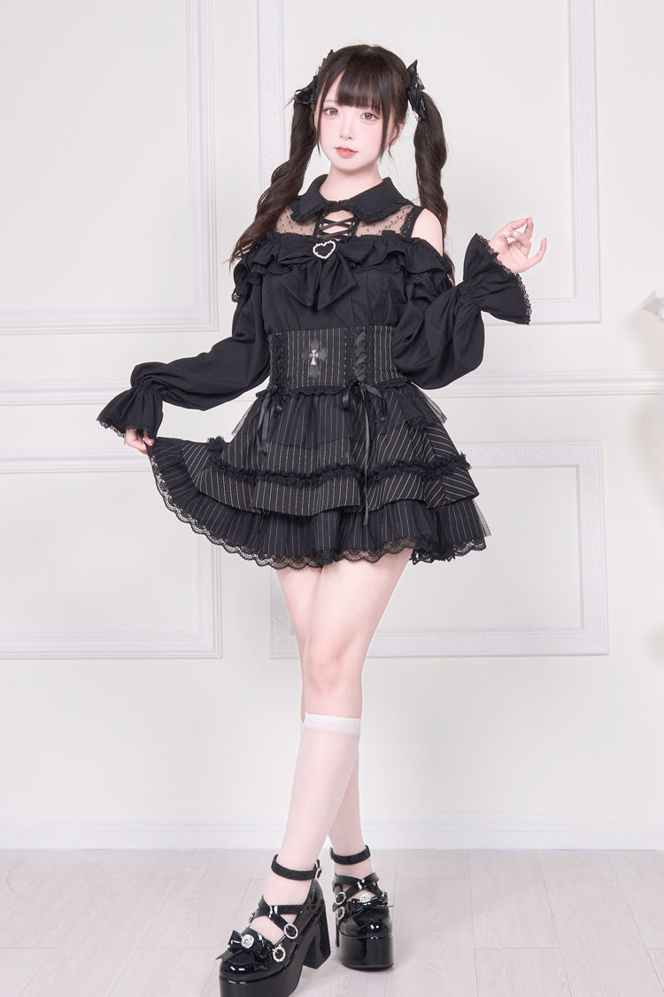 Jirai Kei Off Shoulder Long Sleeves Print Bowknot Lace-Up Sweet Japanese Blouse 3 Colors - Product - 11
