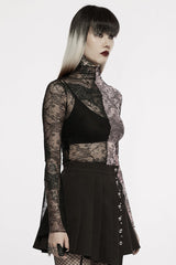 Pink/Black Gothic Lace Stitching Simple Sexy Style Thin See Through Horn Long Sleeved Women's T-Shirt - Product - 2