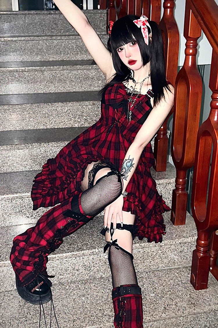 Red Scarlet Abby Style Irregular Plaid Printing Gothic Lolita JSK Dress - Product - 3