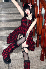 Red Scarlet Abby Style Irregular Plaid Printing Gothic Lolita JSK Dress - Product - 3