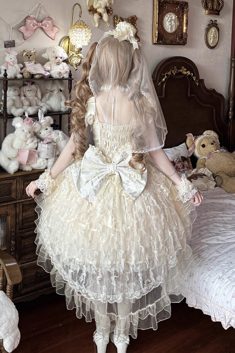 Apricot [Ballad of Feathers] Sleeveless Multi-Layered Ruffle Hanayome Bowknot Sweet Lolita Jsk Dress - Product - 5