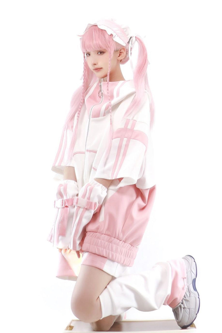 Pink/White [Star Waves] Half Sleeves Jirai Kei Coat - Product - 2
