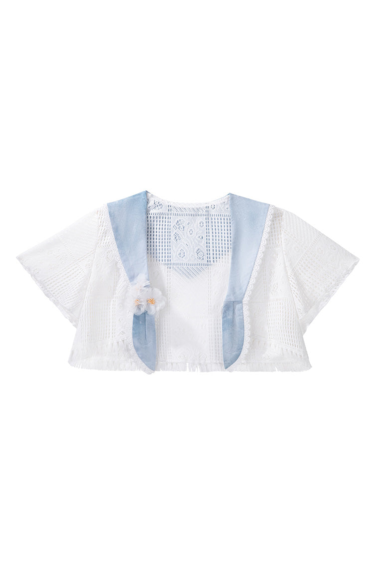 Blue [Clouds Resting in the Wilderness] Print Ruffle Embroidery Bowknot Lace Irregular Lolita Jsk Dress - Product - 5