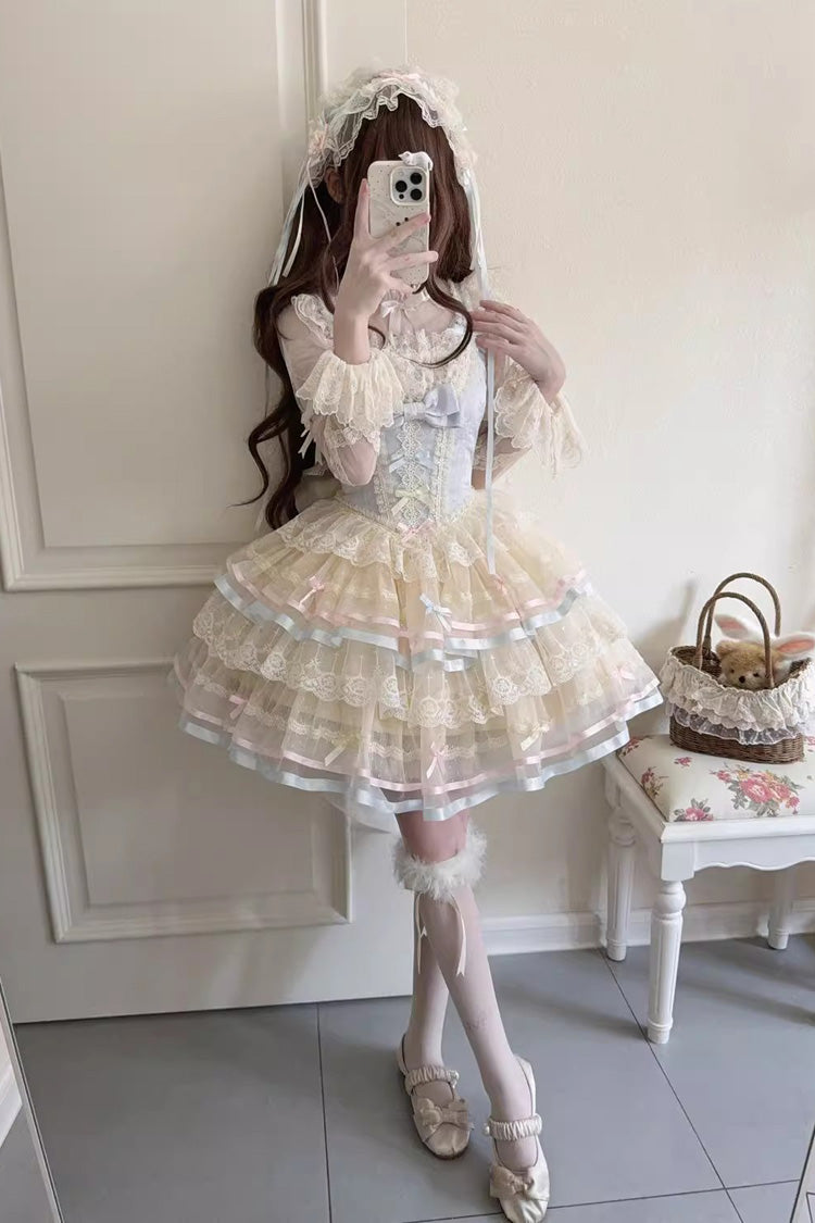 Blue [Butterfly Heart Ballet] Triple-Layered Ruffle Bowknot Lace Sweet Ballet Lolita Jsk Dress - Product - 5