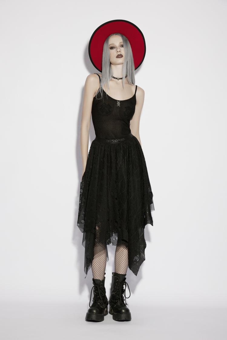 Black Multi-Layered Irregular Mesh Eyelet Women's Gothic Bat&Cobweb Skirt - Black - 1