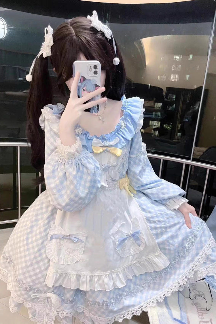 Blue Plaid Print Long Sleeves Bowknot Lace Sweet Lolita Dress - Product - 2