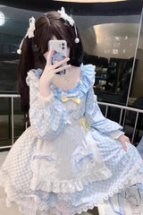 Blue Plaid Print Long Sleeves Bowknot Lace Sweet Lolita Dress - Product - 2