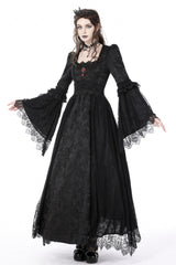 Black Square Collar Long Hime Sleeves Embroidered Lace Spliced Women's Gothic Maxi Wedding Dress - Product - 6