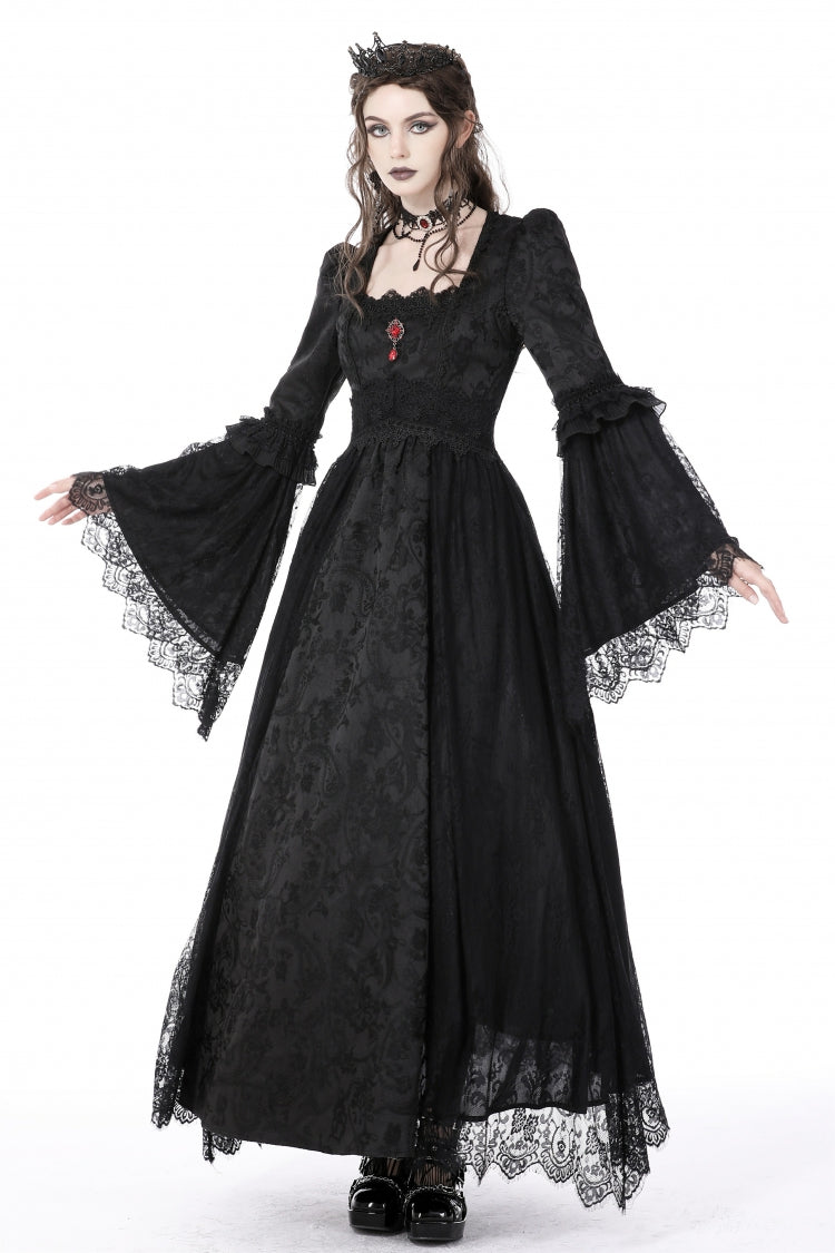 Black Square Collar Long Hime Sleeves Embroidered Lace Spliced Women's Gothic Maxi Wedding Dress - Product - 6