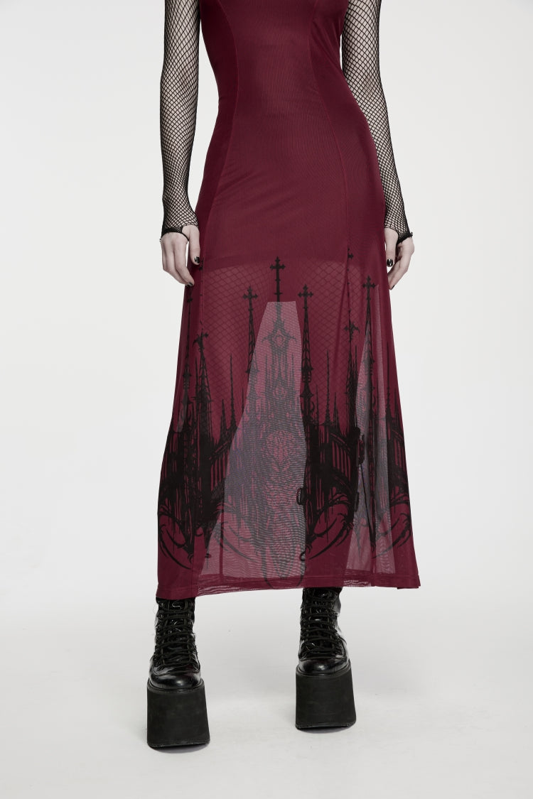 Red Halterneck Sleeveless Double-Layered Church Skull Printed  Printed Lace-Up Slim Women's Gothic Dress Graduation Dress - Product - 9